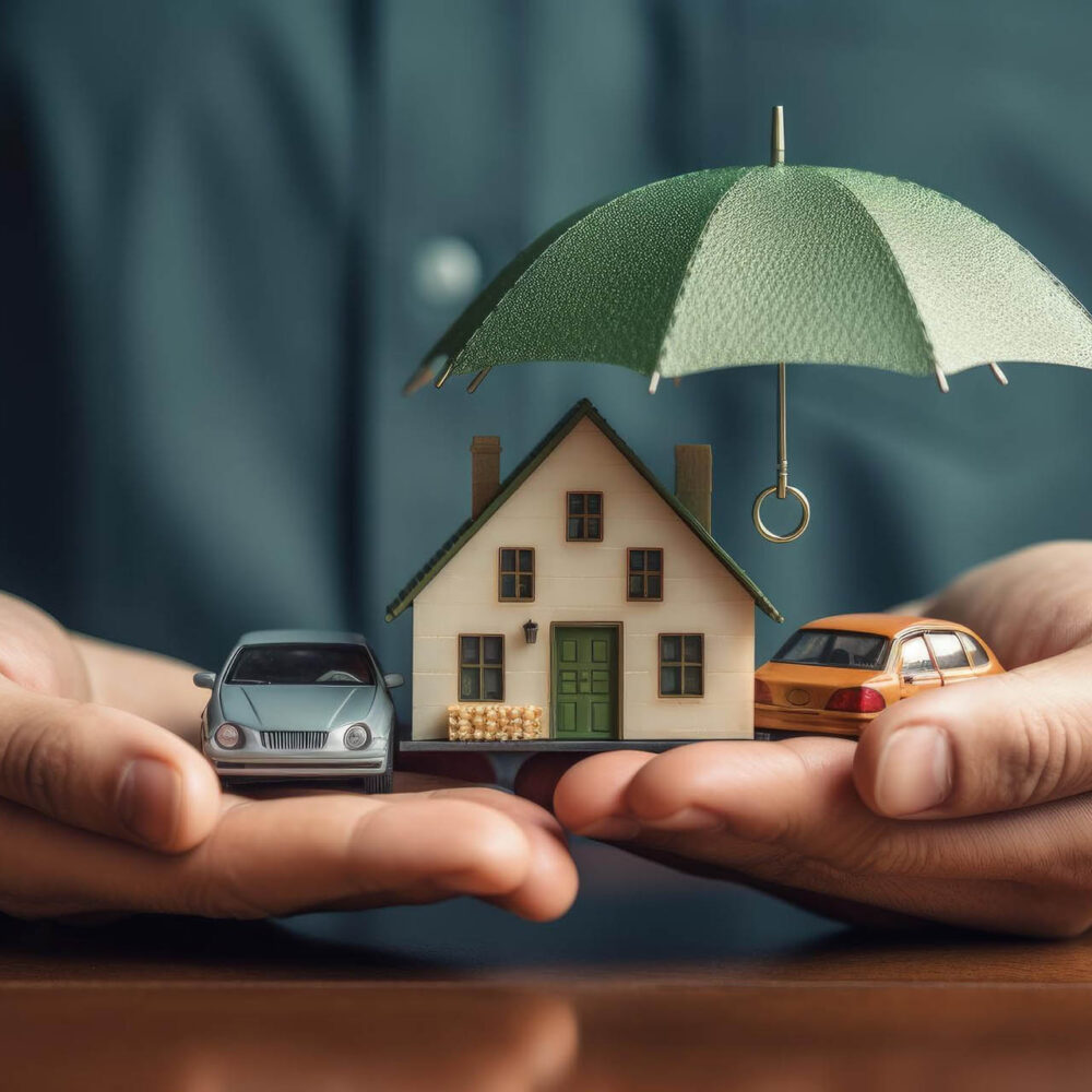 un homme tient une maison et des voitures